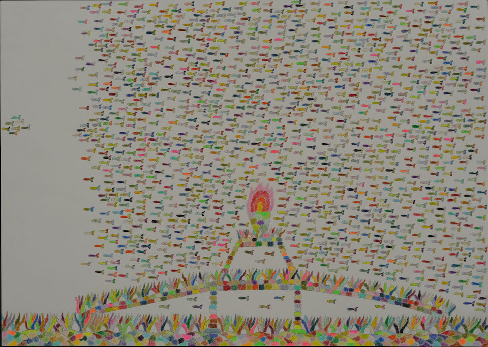 (写真について)「魚のオリンピック」/270×380mm/紙に鉛筆、色鉛筆/2008年/日本財団所蔵