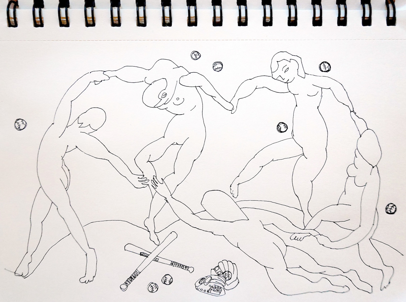手をつないで踊る裸の人間。ところどころに野球のバットとボール。ヴィヴィアン佐藤によるマチスの絵画をイメージした鉛筆画