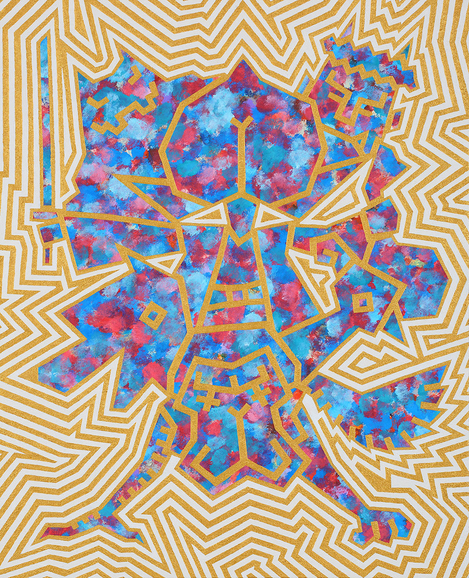 本田雅啓さんの作品画像。黄色と白のボーダーの幾何学模様の背景の中央に、水色や赤が混ざった色のついた桃のかたちの頭をして刀を持った桃太郎らしき人物と、その背後に鬼の顔が浮かび上がる。