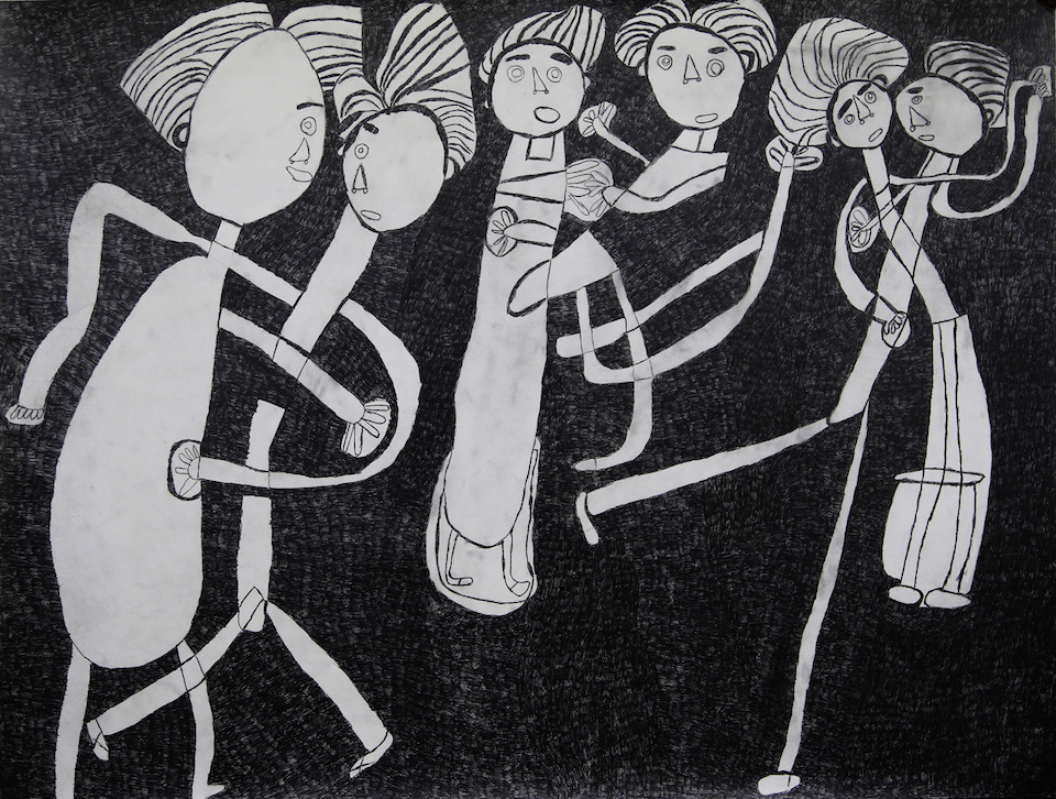 井上 優さんの作品画像。黒い背景の中で3組の2人ペアが踊っている。