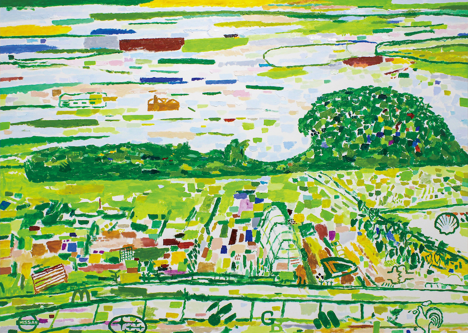 衣真一郎さんの作品画像。シンプルな形とカラフルな色で、古墳や畑、家の農村の風景が描かれている。
