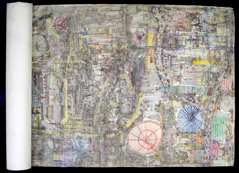 古久保憲満さんの作品画像。紙いっぱいにぎっしりと細かく町が描写されている。10mの絵巻物のうち、一部の写真。