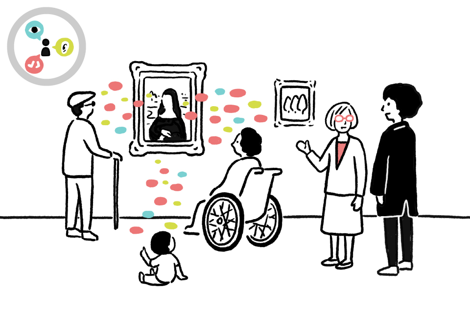 【イラスト】美術館で、車椅子の人、目の不自由な人、幼い子どもなどが絵を鑑賞している。そこにシティさんとダイバーさんもいる。