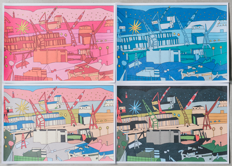【作品画像】クレーンが並ぶ、佐世保の造船所を描いた作品。４つの色違いパターンがある。