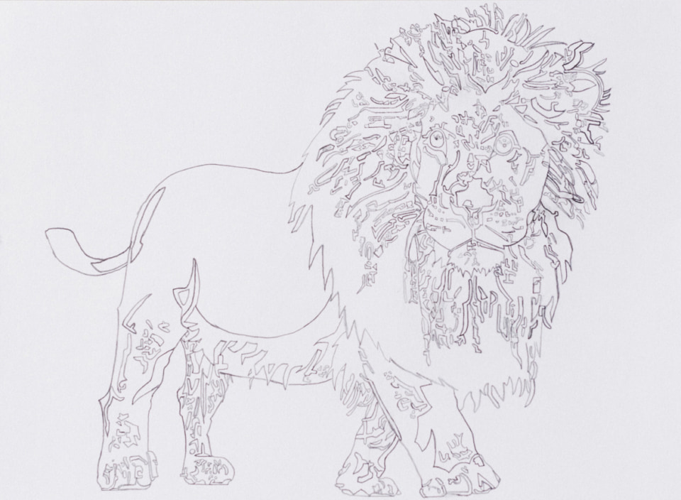 【絵】raitoさんによるライオンを描いた線画。緻密な線と図形が部分的に描き込まれている。