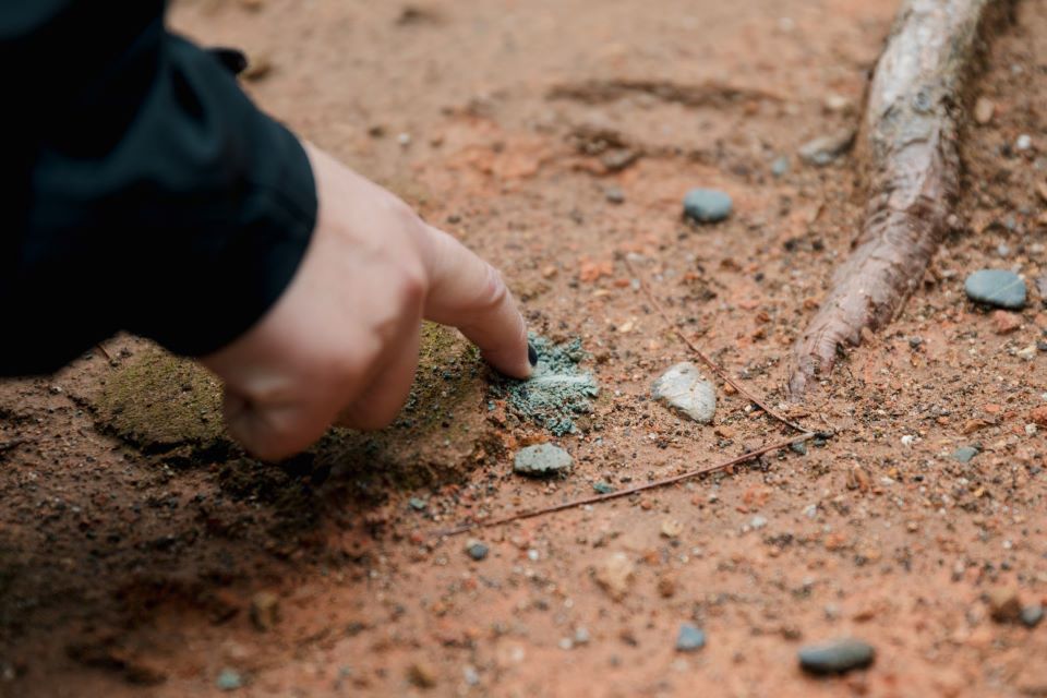 【写真】地面に人差し指を立てて、地面の土の感触を確かめている様子