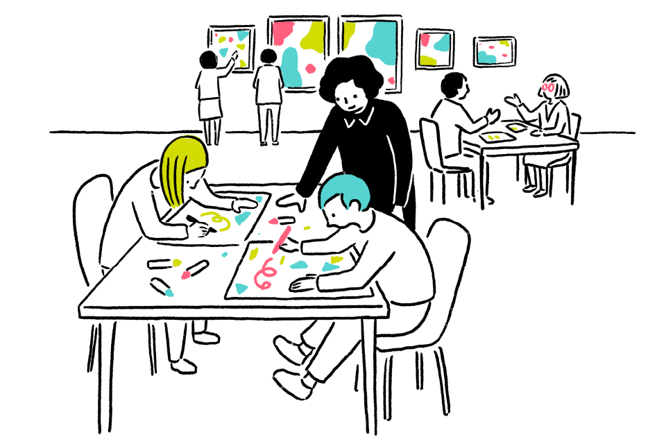 【イラスト】支援センターのイメージ。奥の壁に5枚の絵がかかり、テーブルが2つある部屋。奥のテーブルでシティさんが男性と話をし、手前のテーブルでダイバーさんが絵を描く二人を眺めている。