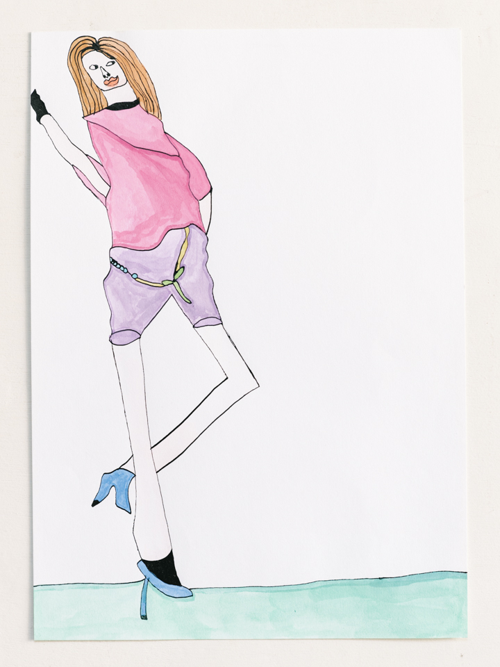 【絵】ファッション誌を参考にした作品のシリーズ。立ったまま足を組む女性がモデル