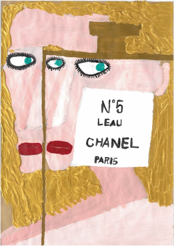 シャネル、N5の文字の背景に、ブロンドの髪の女性の顔の作品