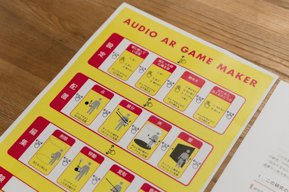 【写真】テーブルに置かれた配布物の寄り。『AUDIO AR GAME MAKER』の使い方が示されている。設定・配置・編集・体験の4モードがあり、それぞれ操作をすることによって空間に音源を配置し、編集し、体験できる。