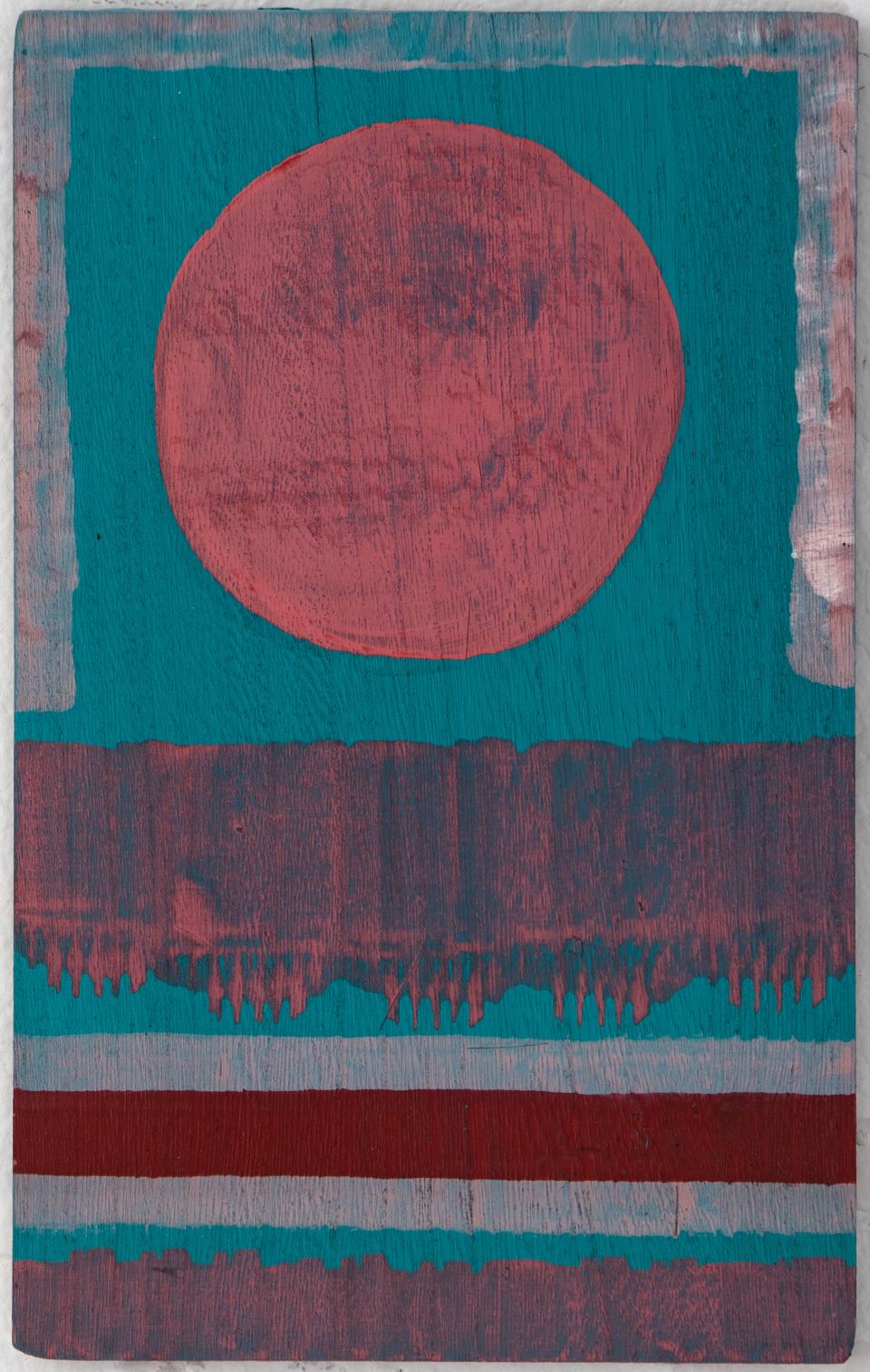 【アート作品】青緑の背景に、下に平行線、中心に赤い丸が描かれ、国旗のようにも見える作品