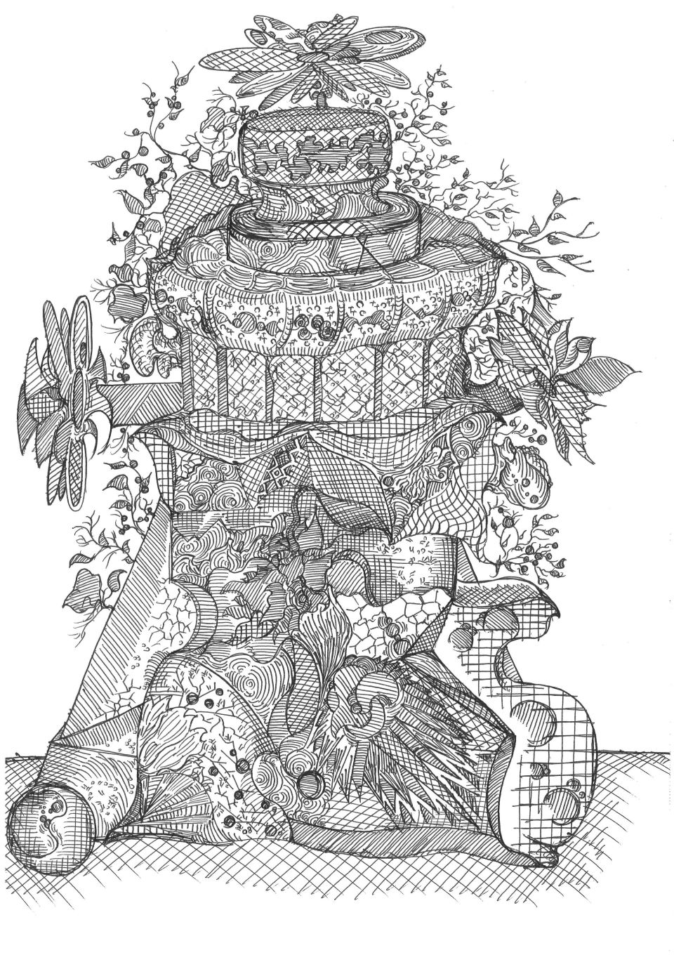 【アート作品】白い背景に黒いペンで、ウェディングケーキのようなたくさんの装飾がついた立体物が描かれている