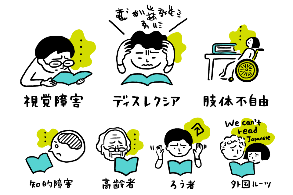 【イラスト】上段に3つ、下段に4つの本が読めずに困っている人たち。上段はメガネを掛けても本が読めない視覚障害の人、頭を抱えるディスレクシアの人、大きな本を扱えない肢体不自由の人。下段は、知的障害、高齢者、ろう者、外国ルーツの人。