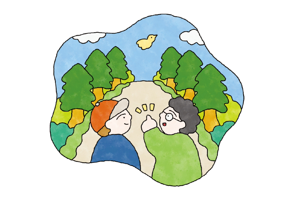 【イラスト】帽子を被った人と眼鏡をかけた人が散歩をしているなかで、黄色い鳥が飛んでいるのを見つけて指を指している。