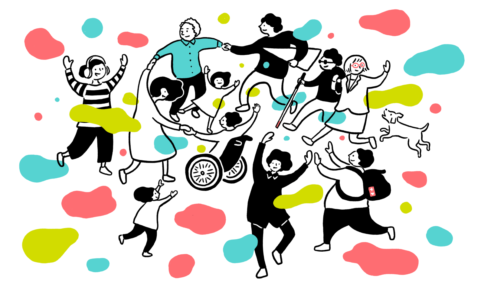 【メインイメージイラスト】10人あまりの人が輪になって踊っている。その中に車椅子の人、子供、ヘッドホンをした人、白杖の人、スロープを持った人、ダイバーさん、シティさん、星加さん、犬もいる。