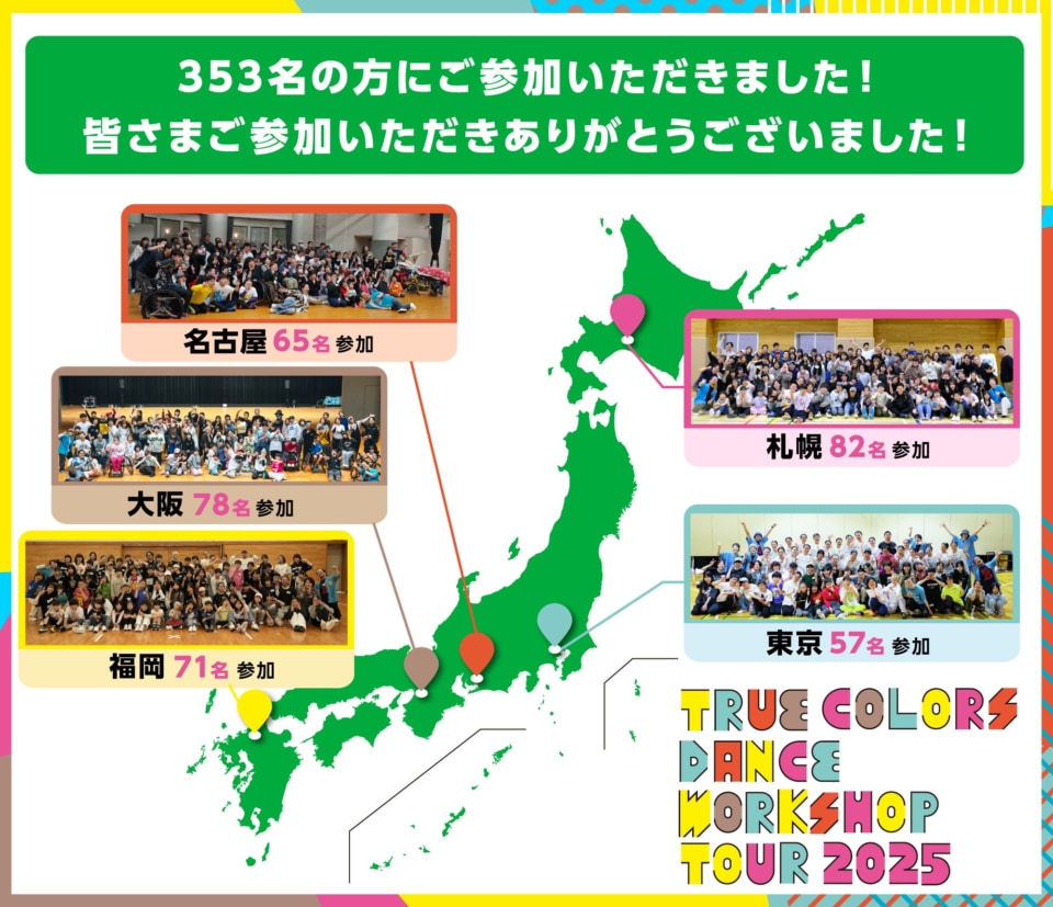 全国5カ所全353名に参加いただいたTrue Colors DANCE WORKSHOPについて、日本地図上にマッピングし、各地の集合写真と参加人数が示されている